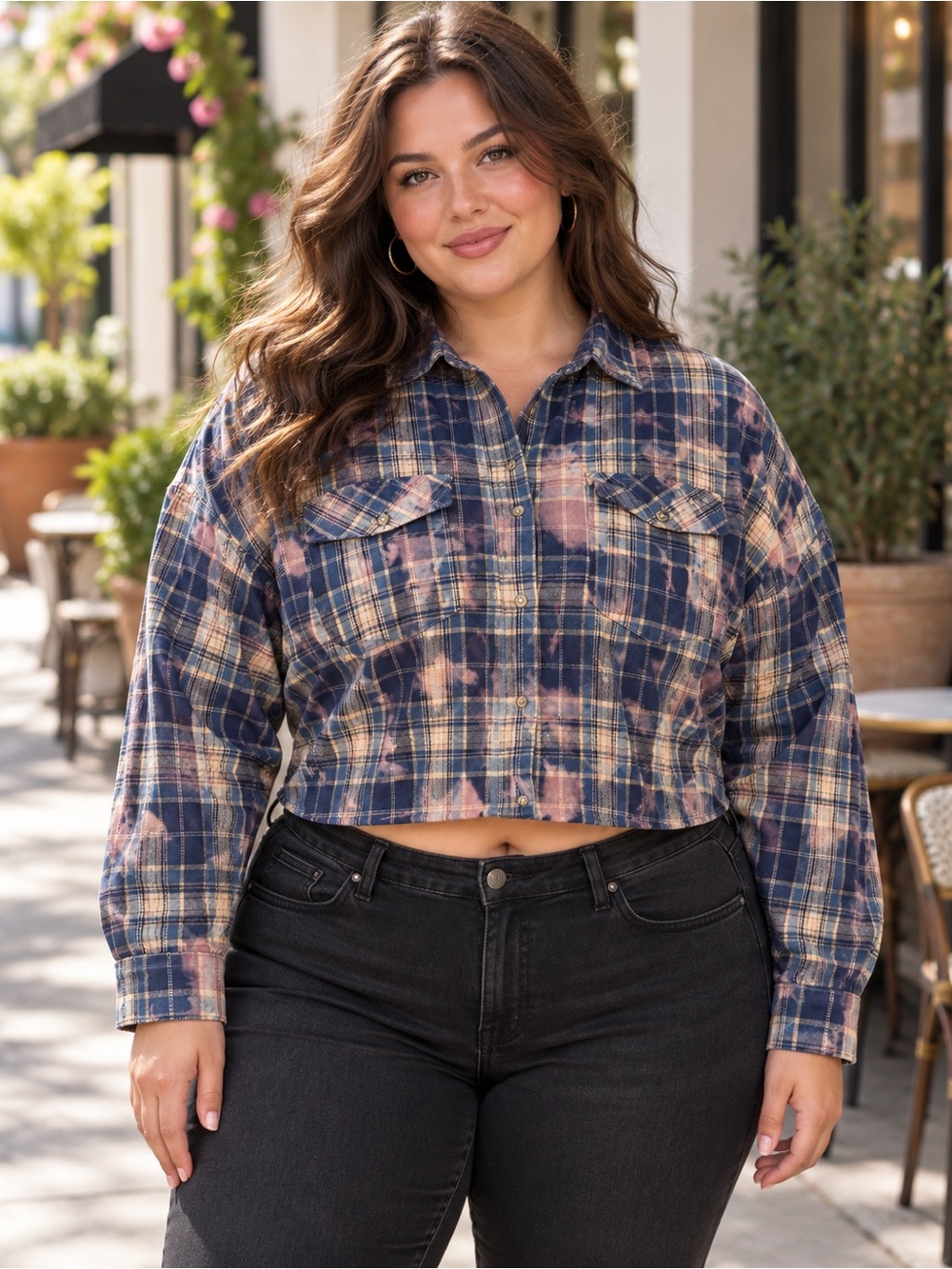 Fashion Nova Blue Tie Dye Plaid Flannel Button Down Shirt NWT Plus Size 3X